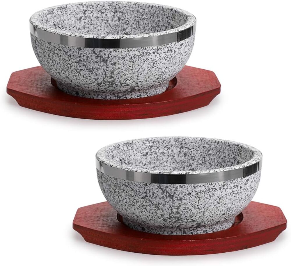 2 Pcs Dolsot Bibimbap Bowl 32 Oz, Granite Stone with Wood Base, Soup, Rice
